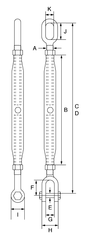 rigging screw with jaw and eye dimensions